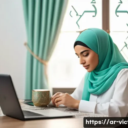 범죄 피해자 온라인 스토킹 방지 - A Middle Eastern woman sitting at a modern desk in a cozy home office, intently managing smartphone ...