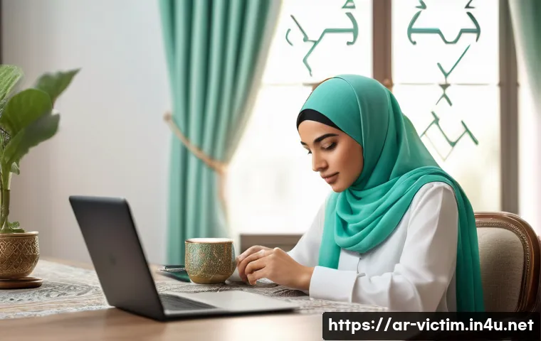 범죄 피해자 온라인 스토킹 방지 - A Middle Eastern woman sitting at a modern desk in a cozy home office, intently managing smartphone ...