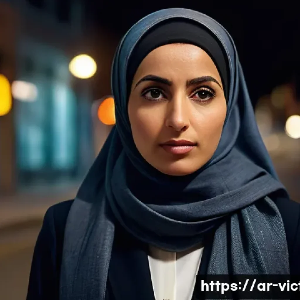 범죄 피해자 대처 방법 - A composed Middle Eastern woman in her early 30s wearing modest professional attire, calmly assessin...