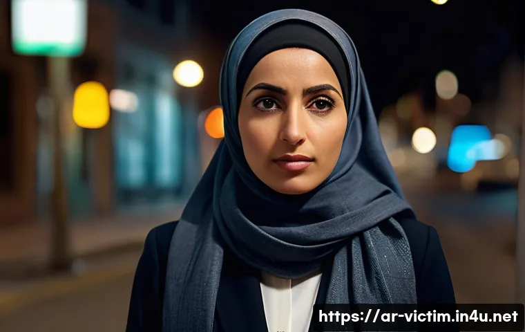 범죄 피해자 대처 방법 - A composed Middle Eastern woman in her early 30s wearing modest professional attire, calmly assessin...