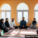 범죄 피해자 재발 방지 대책 - A compassionate community support scene in a Middle Eastern urban setting, featuring diverse Arabic ...