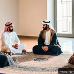 범죄 피해자와 가해자 조정 절차 - A warm and respectful mediation scene set in a modern Middle Eastern community center, featuring a d...