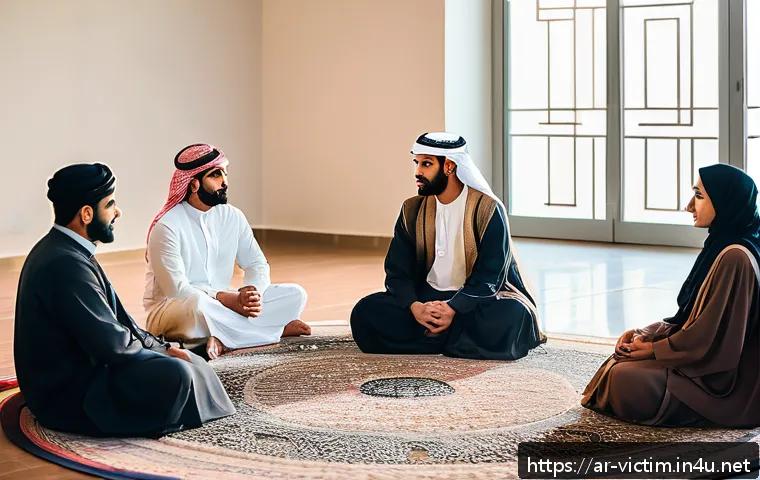 범죄 피해자와 가해자 조정 절차 - A warm and respectful mediation scene set in a modern Middle Eastern community center, featuring a d...