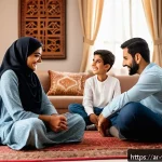 범죄 피해자 가족의 심리 치료 필요성 - A Middle Eastern family sitting together in a cozy living room, engaged in open and heartfelt conver...