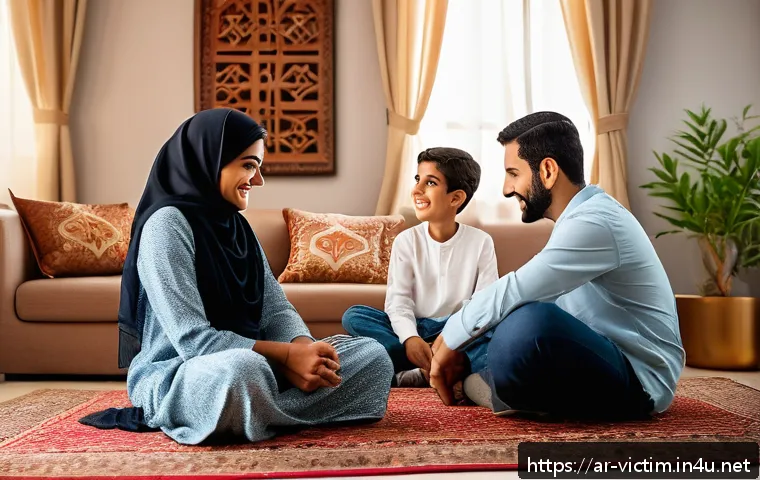 범죄 피해자 가족의 심리 치료 필요성 - A Middle Eastern family sitting together in a cozy living room, engaged in open and heartfelt conver...
