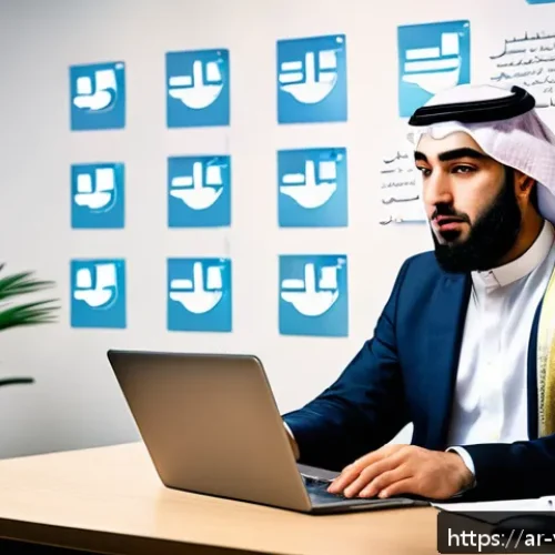 범죄 피해자 온라인 명예훼손 피해 구제 - A professional Arabic man sitting calmly at a desk with multiple digital devices around him, includi...