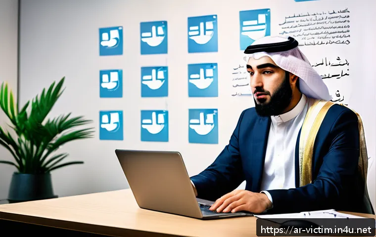 범죄 피해자 온라인 명예훼손 피해 구제 - A professional Arabic man sitting calmly at a desk with multiple digital devices around him, includi...