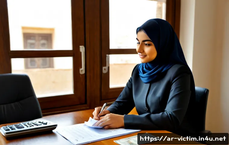 범죄 피해자 법률 상담 비용 지원 - Photorealistic legal support consultation in a modern Arabic-speaking city office, an adult Arab wom...